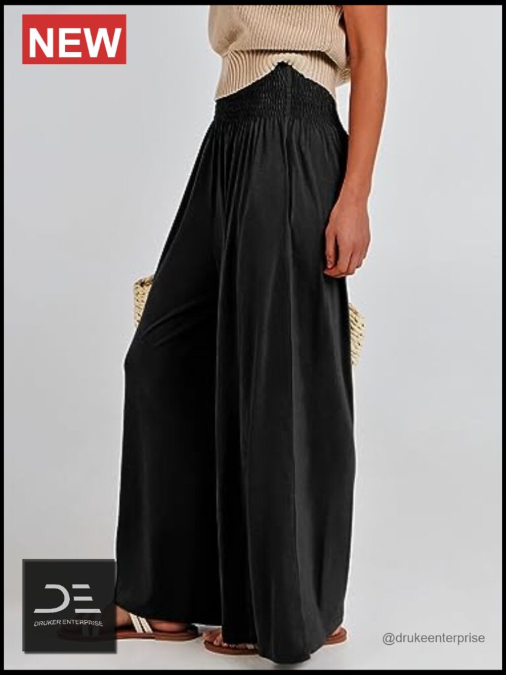 Wide Leg Palazzo Pants with Pockets, High Rise Smocked Waist, Summer Boho - Picture 2 of 7